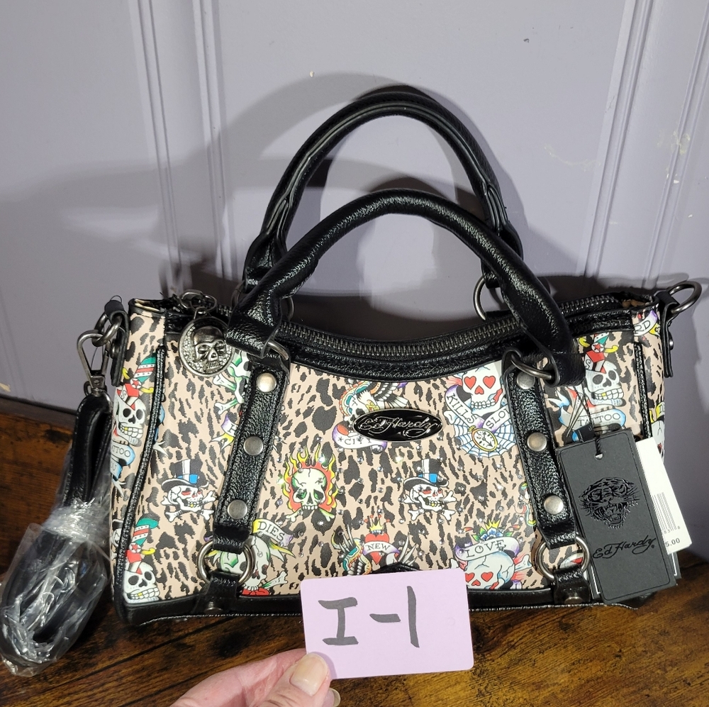 Ed Hardy Leopard Print Satchel with Black Accents/rhinestones - Picture 14 of 16